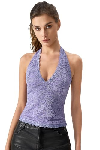 QINSEN Women's Lace Halter Top V Neck Tie Back Double-Layer Tank Top Backless Sleeveless Slim Fit... | Amazon (US)