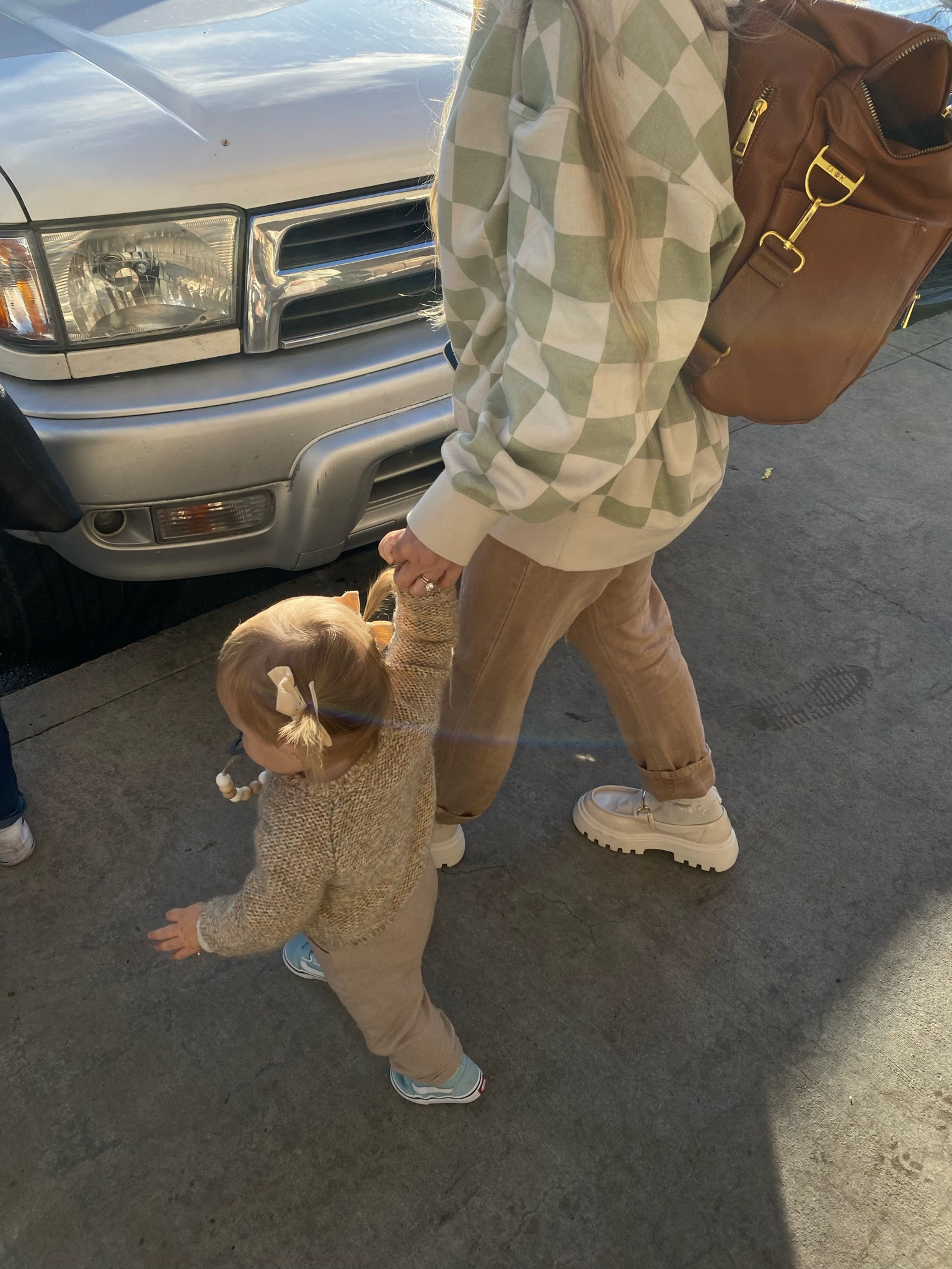 Checkered crew neck + baby blue vans