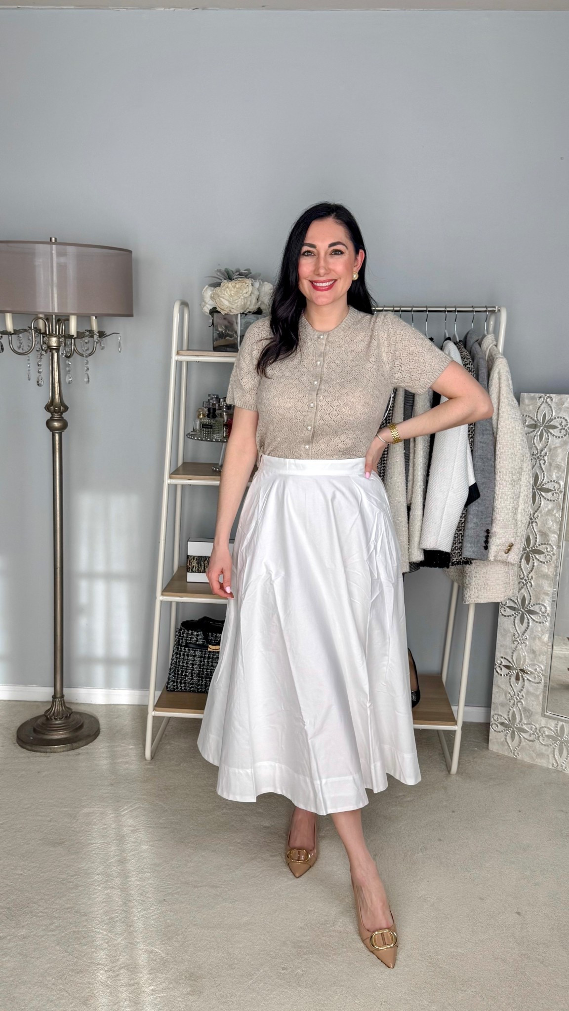 Classy spring work outfit 🤎🤍

Light tan short sleeve sweater with pearl buttons size small 
White maxi skirt size 4, slightly big 
Tan kitten heels 

Work wear 
Office outfit 

#LTKSeasonal #LTKWorkwear