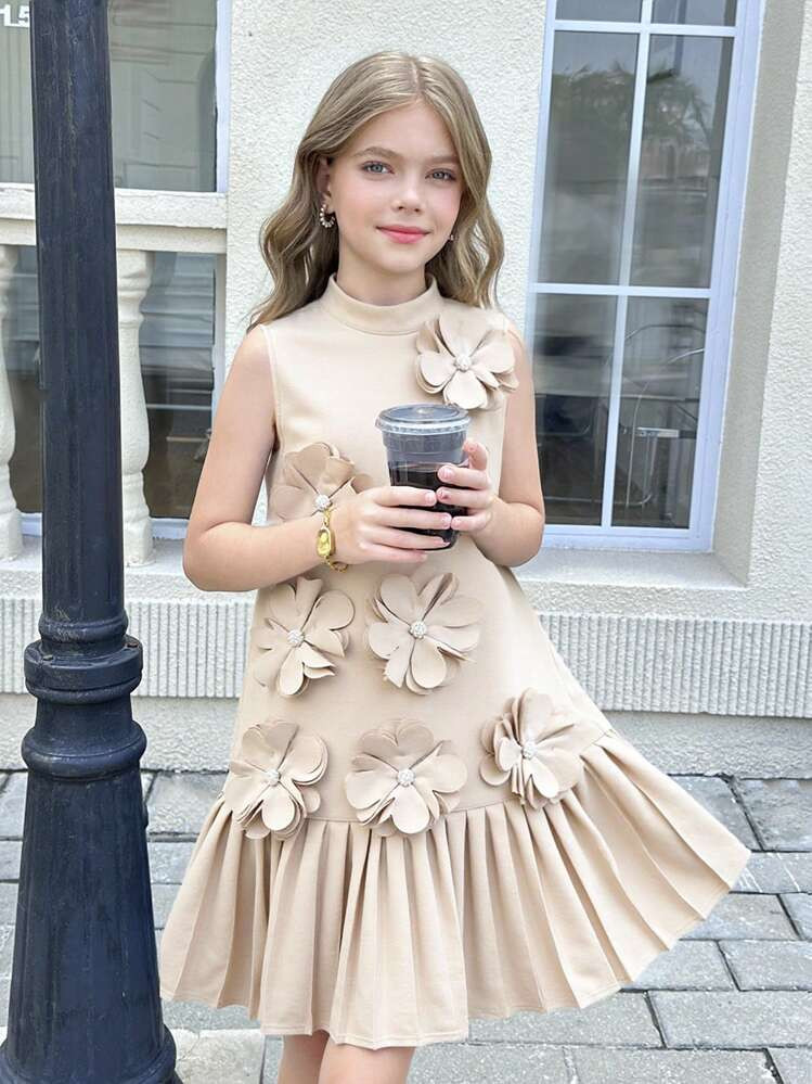 SHEIN Serisse Kids Tween Girls Elegant Floral Print Short Sleeve Round Neck Woven Dress | SHEIN