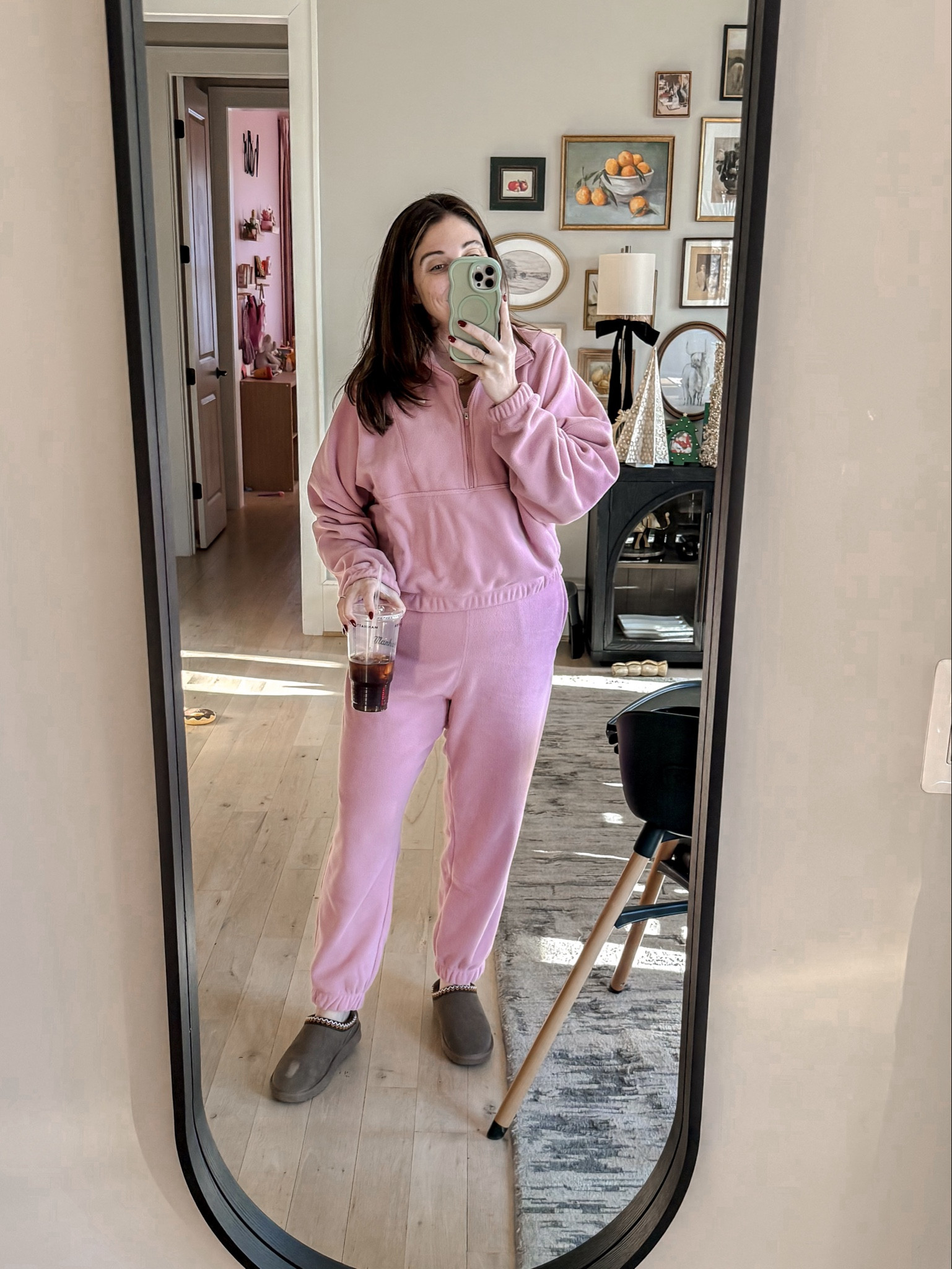 Took Colton to spend some Christmas money at Nike and I walked out with this! I cannot pass up a cute set. ESPECIALLY if it is pink and fleece! 
Top and Pants M / Slip on clogs tts 

#LTKMidsize #LTKootd #LTKActive