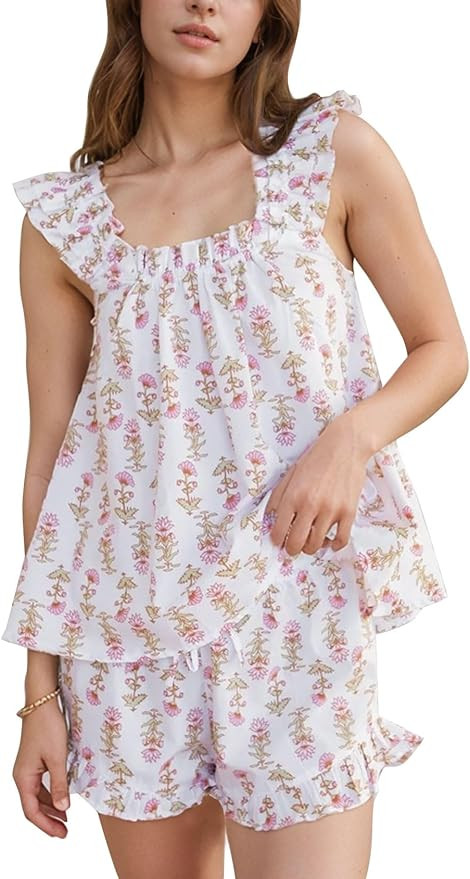 Flygo Floral Pajama Sets for Women 2 Piece Lounge Set Ruffle Cami Top and Shorts Pj Set Sleepwear | Amazon (US)