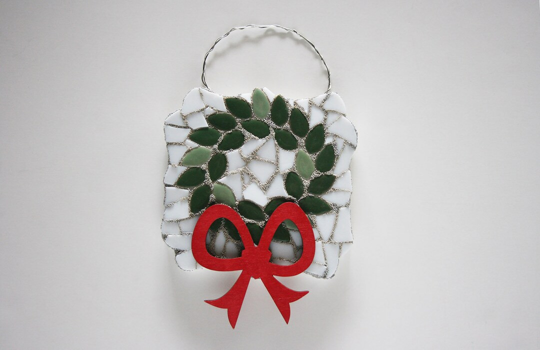 Christmas Wreath Wall Art Home Decor Front Door Red Bow Mosaic Holly Ornament stained glass deck ... | Etsy (Global)