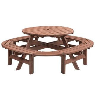 70.4 in. Brown Round Wood Picnic Table Seats 10-12 People with Umbrella Hole, Outdoor Dining Furniture and Bench | The Home Depot