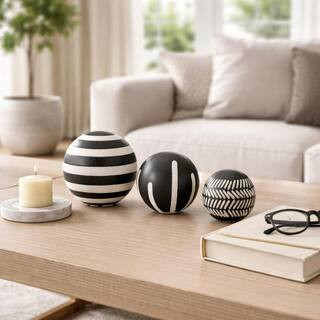 Black/Ivory 6 in. 6 in. Stoneware Round Tribal Decorative Orb (Set of 3) | The Home Depot