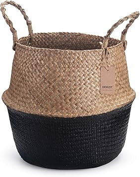 DOKOT Seagrass Belly Basket Natural Woven Plant Pot Foldable with Handles for Storage Laundry Bla... | Amazon (UK)