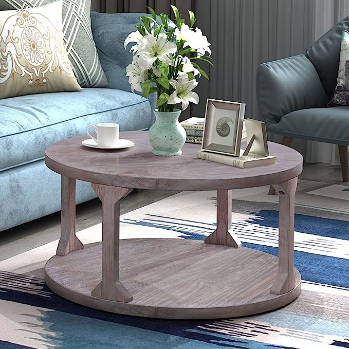 P PURLOVE 35.4 Inch Round Rustic Coffee Table with Dusty Wax Coating, 2 Tier Wood Solid Wood+MDF ... | Amazon (US)