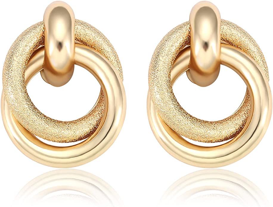 Amazon.com: Twisted Earrings Round Double Circle Stud Earrings Statement Chunky Polished Drop Hoo... | Amazon (US)