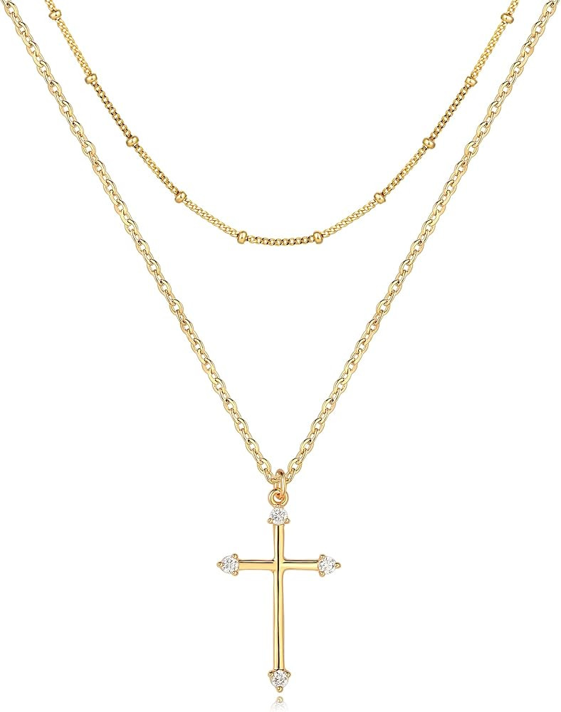 Layered Gold Cross Necklace for Women 18K Gold Plated Faith Necklace Cubic Zirconia Cross Pendant... | Amazon (US)