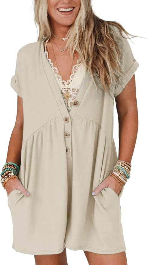 Glamaker Women's Summer Short Sleeve Romper Casual V Neck Wide Leg Short Jumpsuit Button Beach Ro... | Amazon (US)