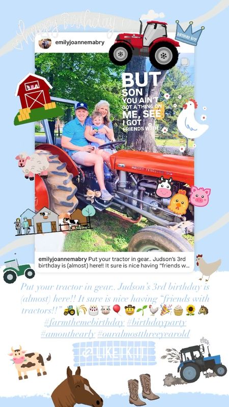 Put your tractor in gear.. Judson’s 3rd birthday is (almost) here!! It sure is nice having “friends with tractors!!” 🚜🌾🎂🐮🎈🤠🌱🐓🎉🧁🌻🐴 #farmthemebirthday #birthdayparty #amonthearly #ouralmostthreeyearold 

#LTKbump #LTKfamily #LTKSeasonal