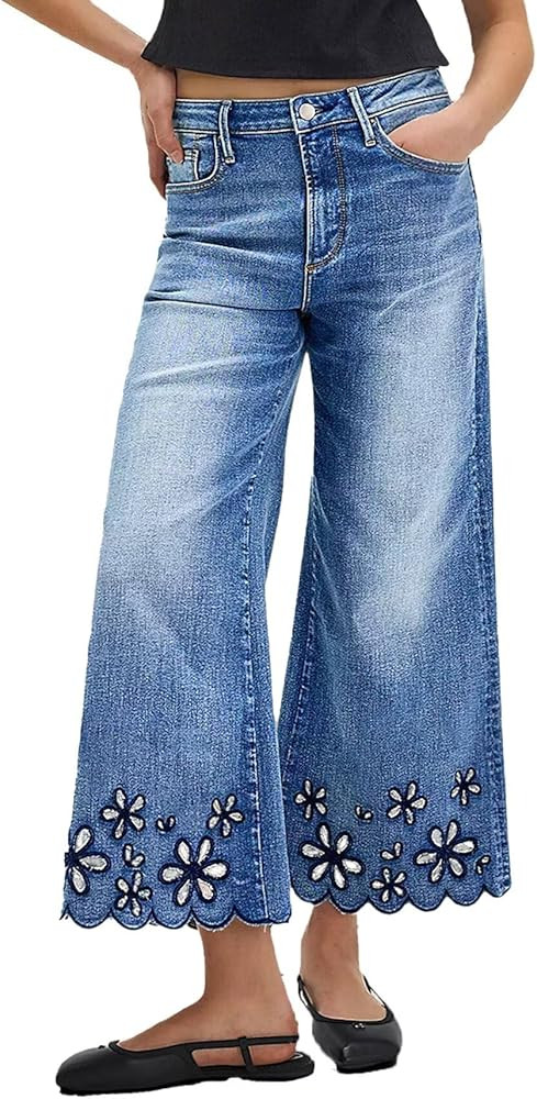 Flamingals Women's Floral Embroidery Wide Leg Jeans Mid Rise Strechy Casual Trendy Denim Cropped ... | Amazon (US)