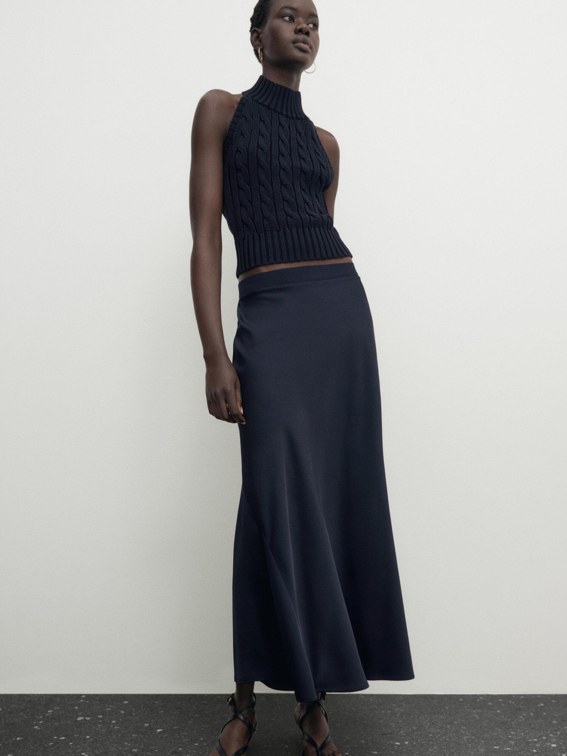 Satin lace-trimmed midi skirt with ribbed waistband | Massimo Dutti UK