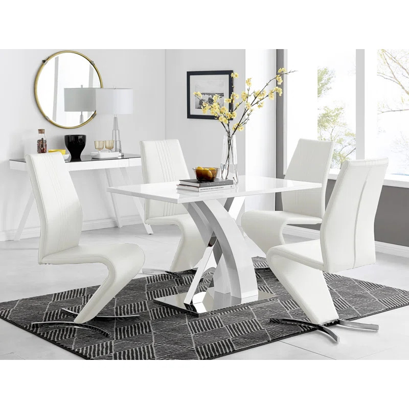Edzard Chrome & White High Gloss Dining Table Set with 4 Luxury Faux Leather Dining Chairs | Wayfair North America