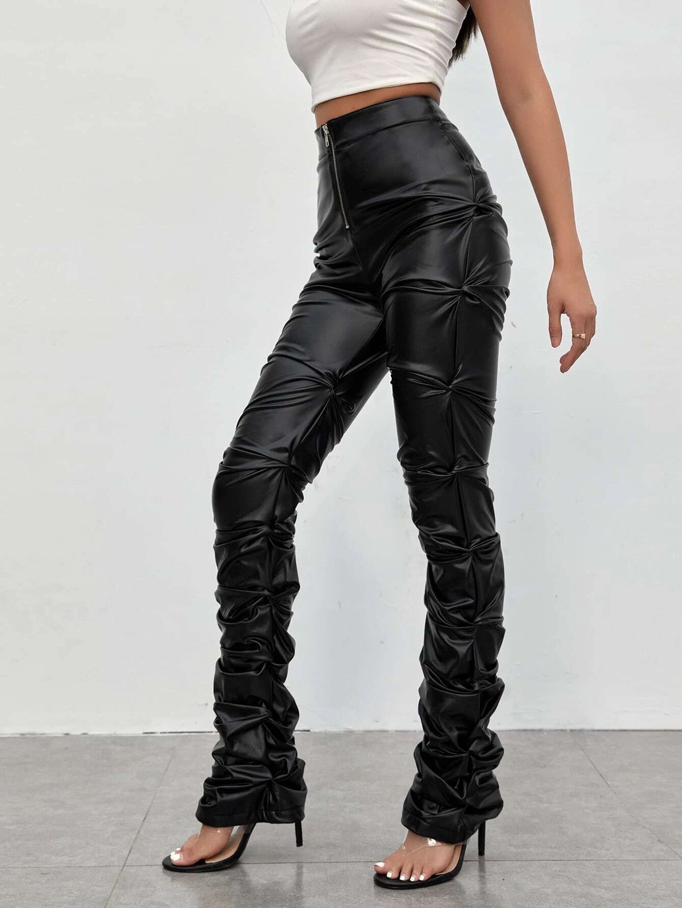 High Waist PU Leather Stacked Pants | SHEIN