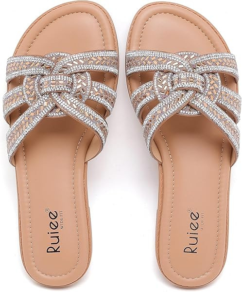 Ruiee Wide Width Sandals for Women, Fashion Slide Sandal Diamond Sparkly Bling Casual Dressy Flat... | Amazon (US)