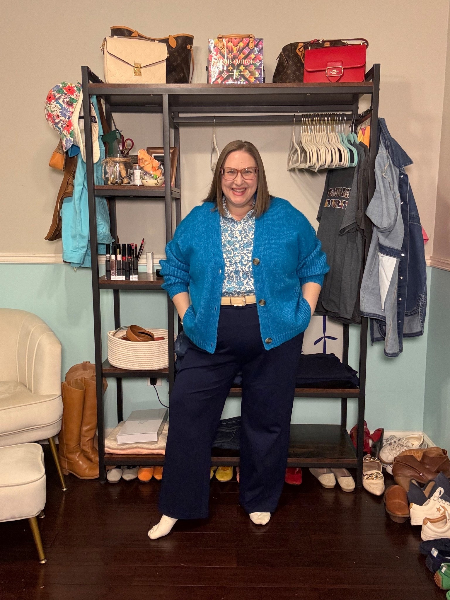 My cardigan is old and no longer available, but I linked one that is probably better for my style. 

Top is old from JCrew Factory; I can’t find anything like it. 

I linked the exact pants; theyre a pull-on pant with belt loops. They needed to be hemmed and I’m wearing 2x. 

I wore my Rothy drivers in sesame. I size up half. 

Belt is Bella Belts - love them  

#LTKOver40 #LTKootd #LTKPlusSize