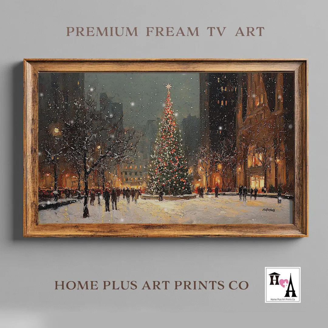 Vintage Christmas Tree Frame TV Art, Vintage Warm Town Painting, Dark Moody Christmas Night Samsu... | Etsy (US)