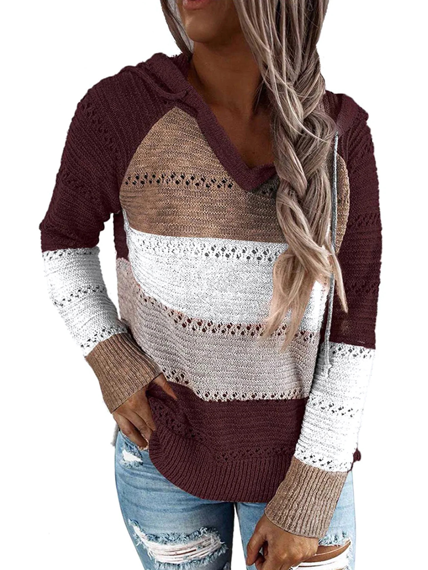 Fall Winter Patchwork Hooded Sweaters for Women Long Sleeve V-Neck Slim Pullover Tops - Walmart.c... | Walmart (US)
