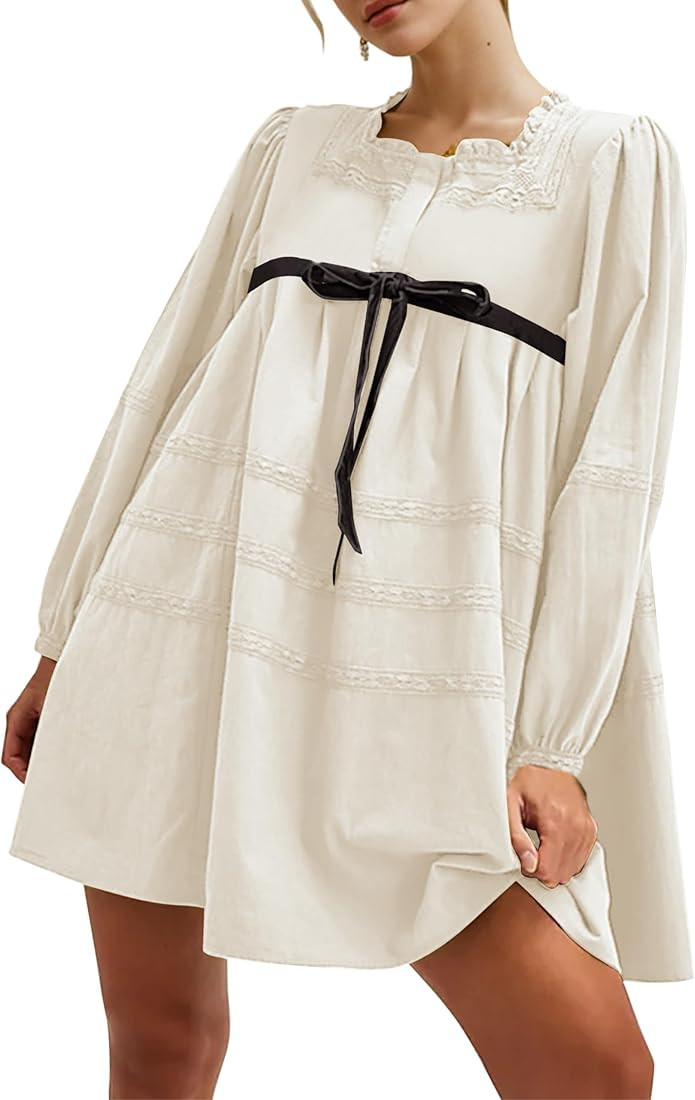 SAFRISIOR Women Babydoll Dress Flowy Long Puff Sleeve Cute Mini Dresses Square Neck Embroidered B... | Amazon (US)