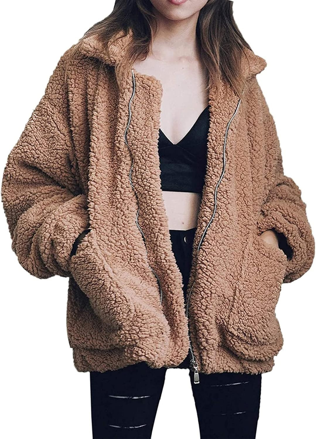 Comeon Women's Coat Casual Lapel Fleece Fuzzy Faux Shearling Zipper Coats Warm Winter Oversized Outwear Jackets | Amazon (US)