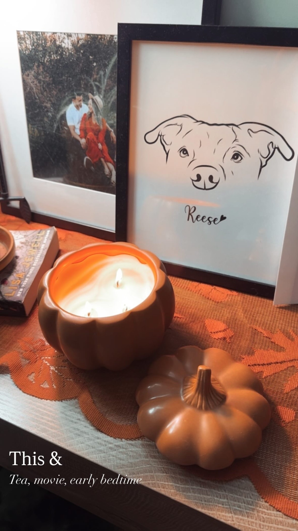 Table decor 
Dog drawing from Etsy 
Pumpkin candle 
Picture frames 

#LTKHome