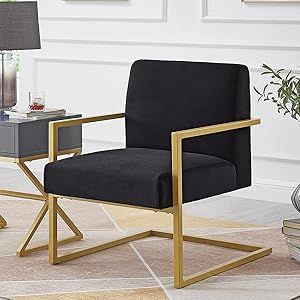 24KF Comfortable Fashional Accent Chair - Velvet Cushion & Square Arm Metal Golden Stand -Black | Amazon (US)