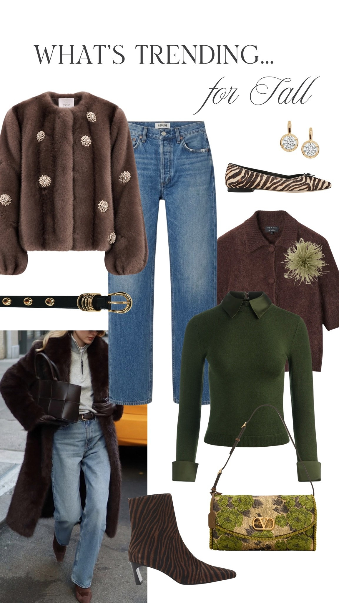 Now trending for fall … greens, brocade, zebra, slim-straight denim, and fur 🤍
