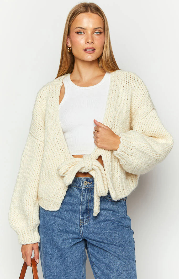 Holiday Cream Tie Up Knit Cardigan | Beginning Boutique (US)