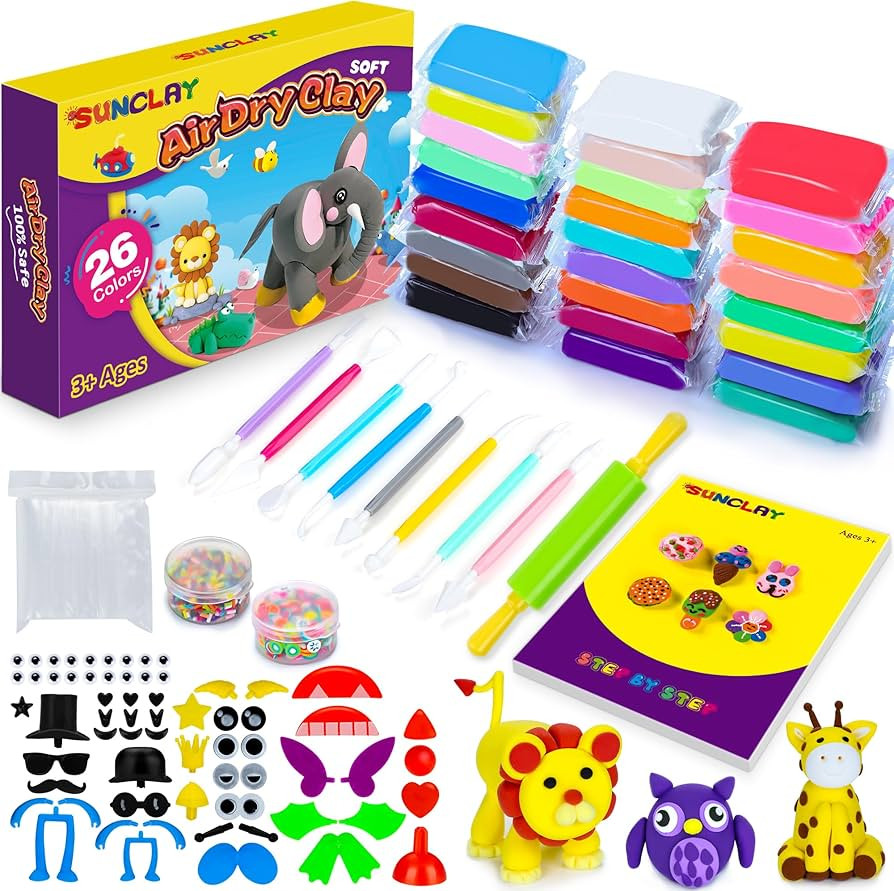 SUNCLAY Air Dry Clay for Kids - 26 Colors Modeling Clay with 80 Pages Tutorial Booklet 9 Clay Too... | Amazon (CA)