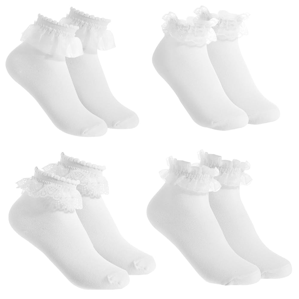 4 Pairs White Lace Ruffle Socks, Cute Lace Frilly Ankle Socks Cotton Ballet Sock Comfortable Prin... | Amazon (US)