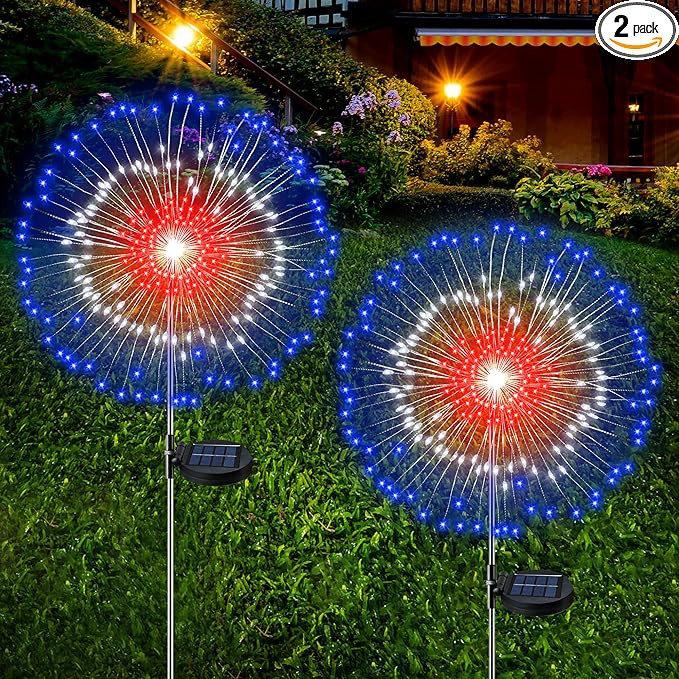 [Upgrade] 4th of July Decorations Outdoor Solar Lights, 2 Pack Solar Powered Firework Lights with... | Amazon (US)