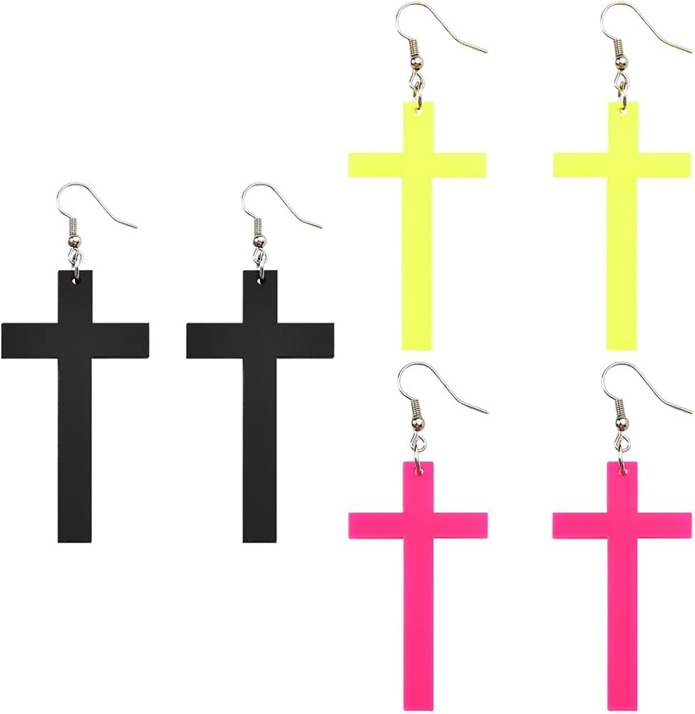 Halloween Cross Earrings for Women Christian Earrings for Godmother Goddaughter Earrings Retro Neon Dangle Earring 3 Pcs | Amazon (US)