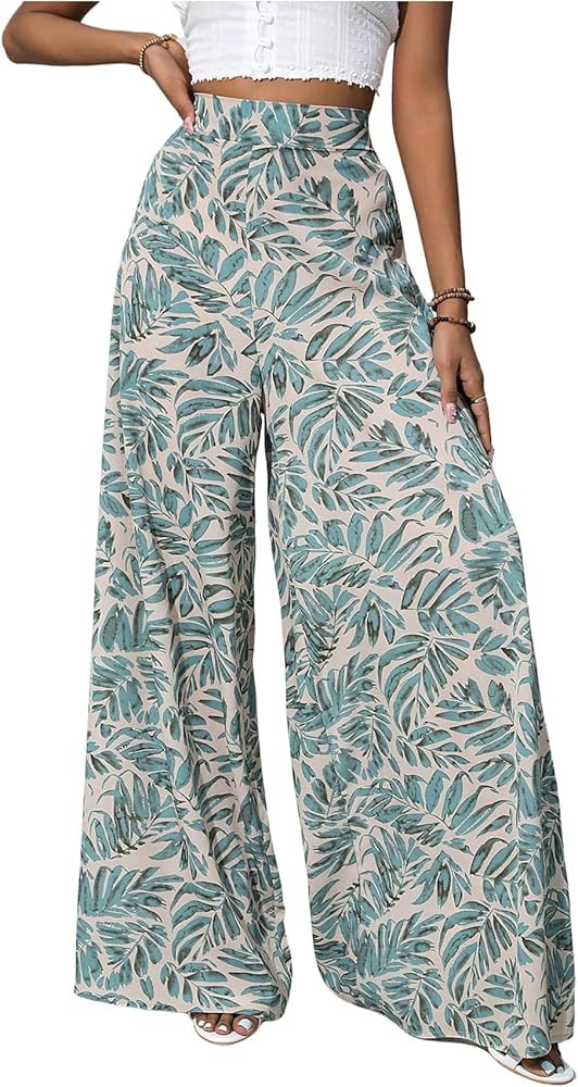 SHENHE Women's Boho Palazzo Pants Wide Leg High Waisted Tropical Print Chiffon Flowy Pants | Amazon (US)