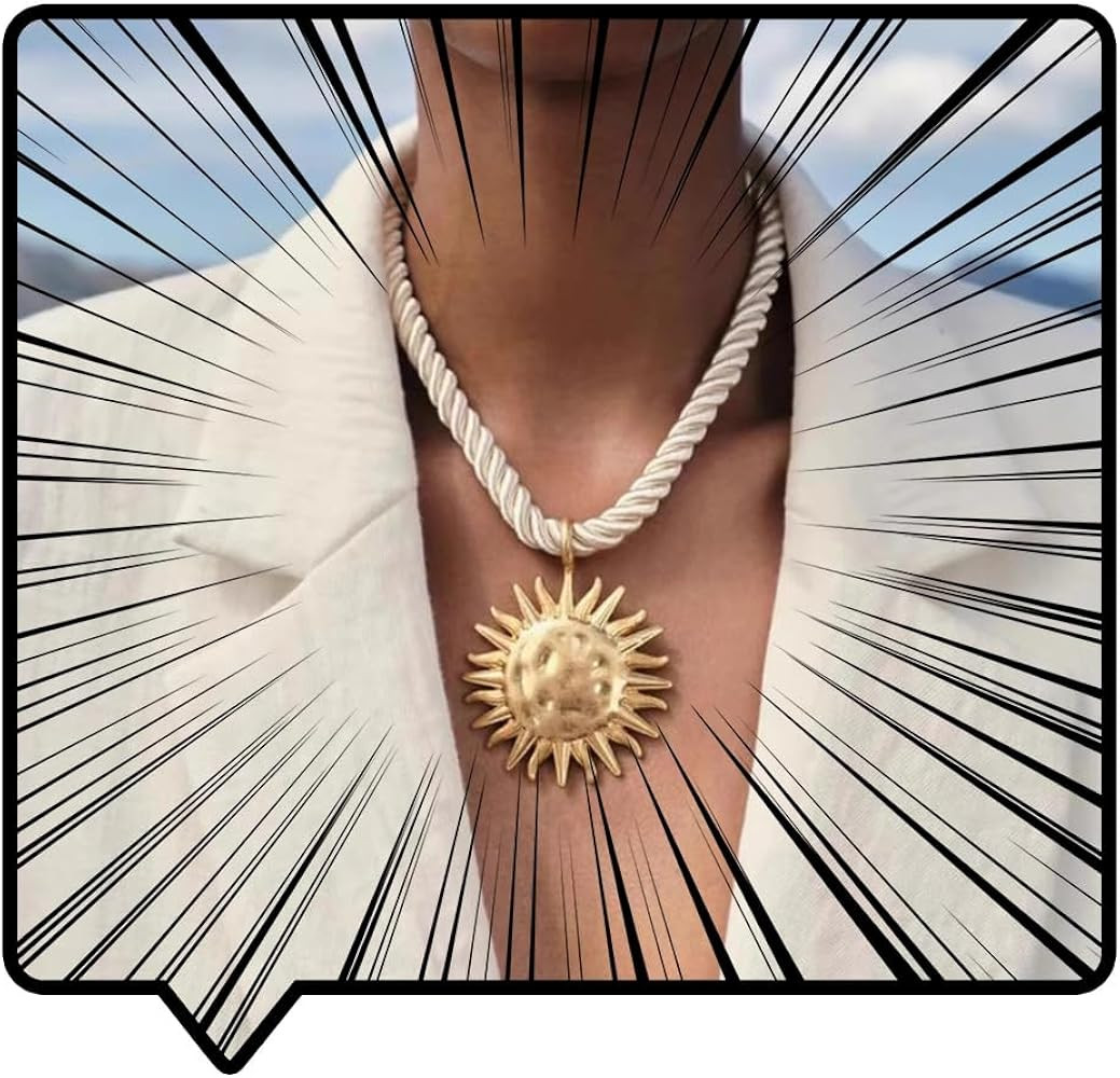 Doubnine Vintage Rope Chain Necklace with Gold Sun Pendant, White Twisted Cord, Statement Fashion... | Amazon (UK)