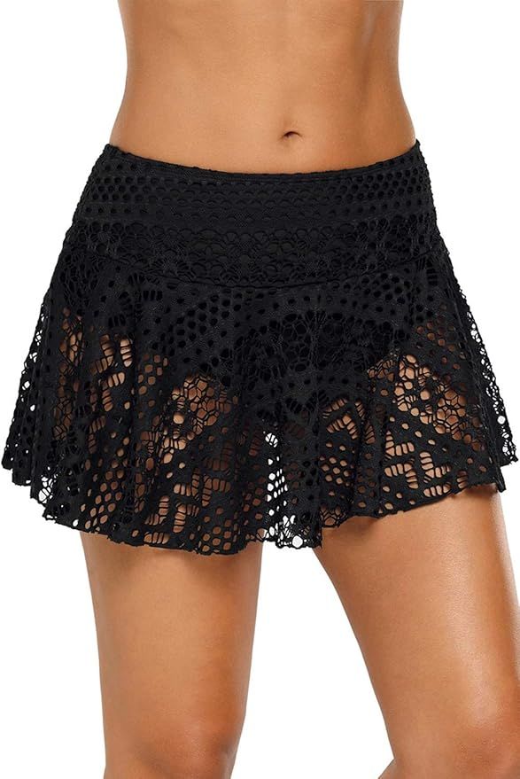 Women Lace Crochet Swim Skirt Bikini Bottom Swimsuit Board Shorts Skort Swimdress | Amazon (US)