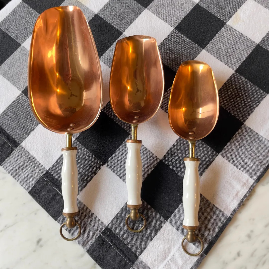 Set of Three Vintage Copper Scoops With White Ceramic Handles and Hanging Ring, Candy Scoops, Rus... | Etsy (US)