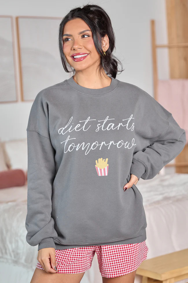 Diet Starts Tomorrow Dark Grey Graphic Sweatshirt | Pink Lily