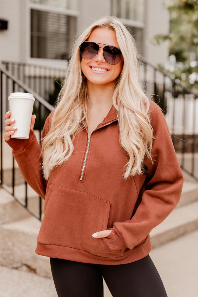 Making It Look Easy Brown Oversized Quarter Zip Pullover | Pink Lily