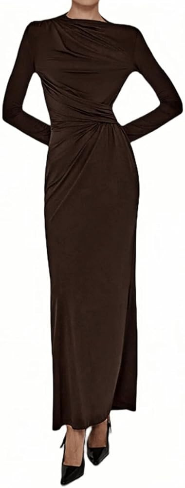 YOXUA Women Elegant Casual Long Sleeve Sexy Bodycon Lounge Temperament Crewneck Maxi Dress | Amazon (US)