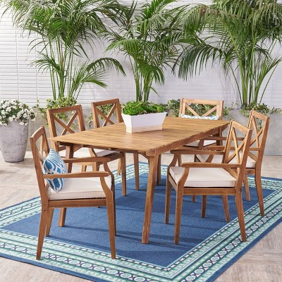 Mesa 7pc Acacia Wood Dining Set - Teak/Cream - Christopher Knight Home: Outdoor Patio Furniture with Cushions, Weather-Resistant | Target