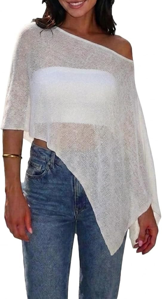 Women Sheer Poncho Top Lightweight Knit Mesh Crochet Beach Cover Up Shrug Summer See Through Shaw... | Amazon (US)