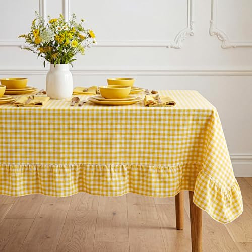 Moukeren 1 Piece Yellow Checkered Tablecloth with Ruffle Hem 60 x 90 Inches, Rectangle Farmhouse Table Cover for Kitchen, Wedding, Party, Indoor Outdoor Picnic and Daily Decor, Cotton Fabric | Amazon (US)