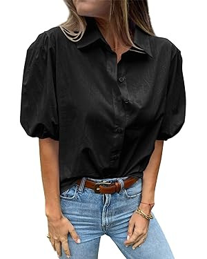 Tankaneo Women's Button Down Shirts Short Puff Sleeve Collared Dressy Casual Blouse Tops | Amazon (US)