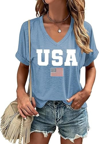 USA Flag V-Neck Shirt Women Star and Stripes Graphic Tops Red White and Blue Short Sleeve Tee Summer Patriotic T-Shirt(XXL,02-aBlue) | Amazon (US)