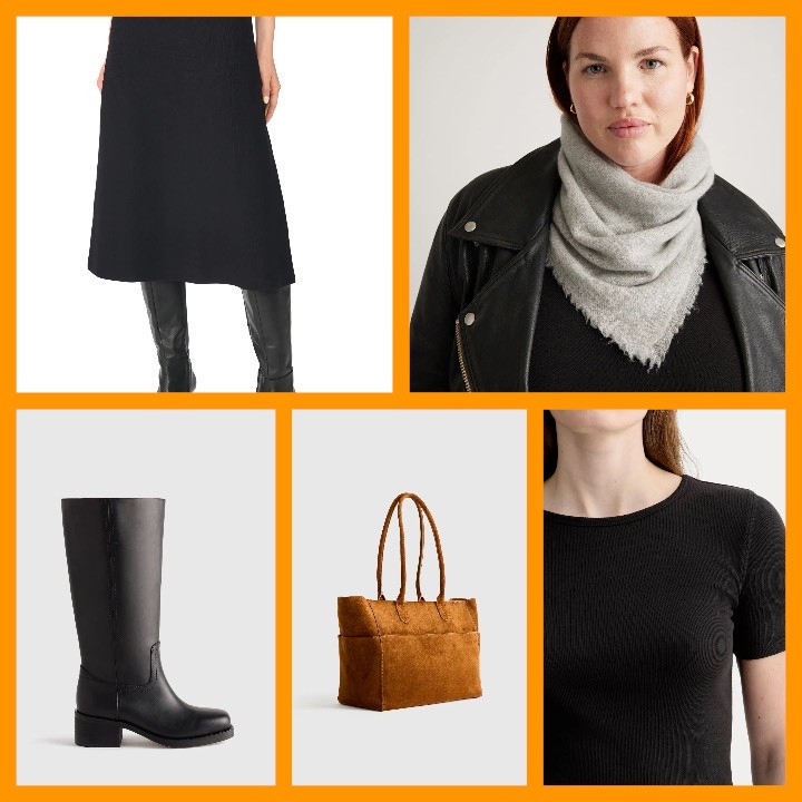 Fall is officially midi skirt season, and I’m leaning into all the cozy textures. 🍂 Pairing this knit midi with a black tee ( trade it for a black sweater on colder days) grey scarf, motorbike jacket and knee-high boots is my go-to formula for staying warm while still looking youthful. You can shop this look and all the details below! #FallFashion #MidiSkirtStyle #AutumnOutfits #LTKFall

#LTKOver40 #LTKTravel #LTKWorkwear