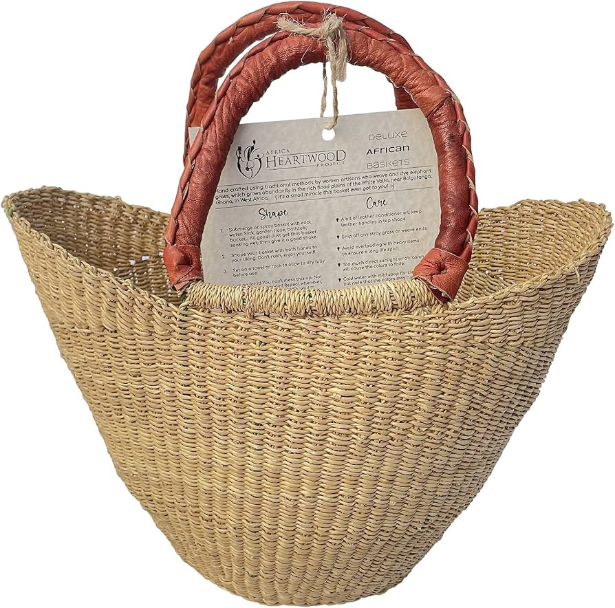 Deluxe Natural African Shopping Basket - Small 10" U-shape - by market women in Bolgatanga, Ghana... | Amazon (US)