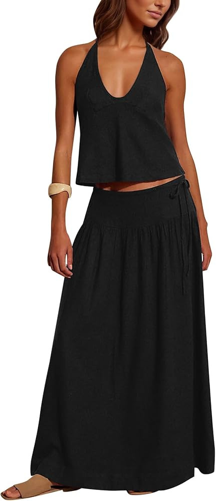 Women 2 Piece Skirt Set Summer V Neck Backless Halter Cami Crop Top and Flowy A Line Maxi Skirt T... | Amazon (US)