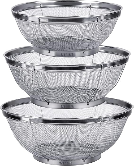 3 Pack Strainers for Kitchen, 18/8 Stainless Steel Colander, Fine Mesh Strainer for Pasta, Rice a... | Amazon (US)