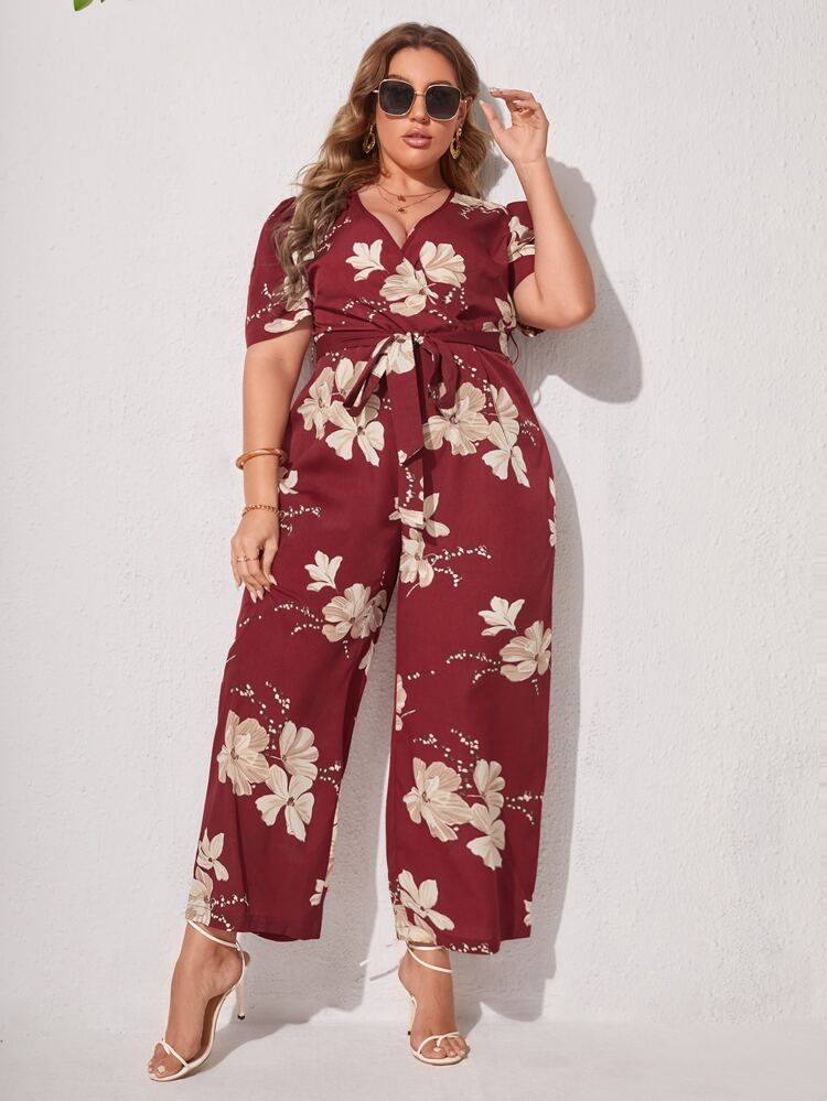 Plus Floral Print Puff Sleeve Belted Jumpsuit | SHEIN